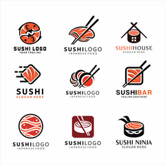 collection of vector logos sushi. Sushi vector logo set. Graphic symbol with fish cut into sushi and rolls