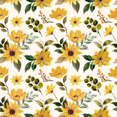 Seamless pattern of yellow green floral with watercolor