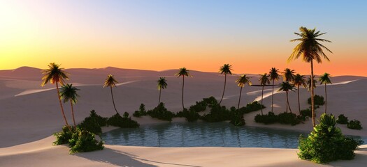 Obraz premium Oasis, desert at sunset, oasis in the sand desert, palm trees in the sand near the reservoir, 3D rendering