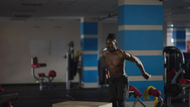 Wide shot strong African American sportsman jumping on gym cube doing squats. Portrait of muscular endurant handsome fit man working out training indoors. Sport and masculinity