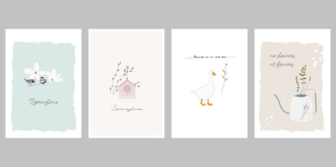 cute spring postcards with hand drawn florals, birds 