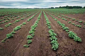 rows of young sprouted potato