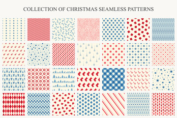 Collection of christmas seamless patterns. Holiday endless colorful backgrounds - vintage style. Beautiful celebration prints. Can be used as wrapping paper, textile covers, wallpaper, and etc
