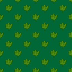 Seamless pattern bunch spinach salad on teal background. Minimalistic ornament with lettuce.