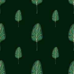 Seamless pattern Spinach salad on dark green background. Minimalistic ornament with lettuce.