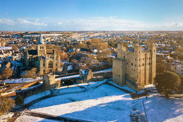 Aerial view of snow covered historical Rochester in winter.