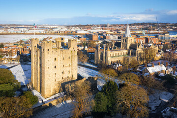 Aerial view of snow covered historical Rochester in winter.