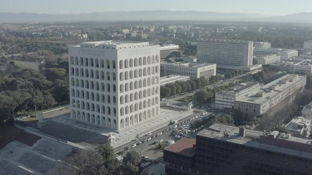 Vertical and horizontal aerial view of Rome, Eur residential district in Rome