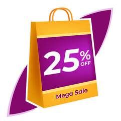 25 percent off. 3D Yellow shopping bag concept in white background.