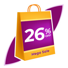 26 percent off. 3D Yellow shopping bag concept in white background.