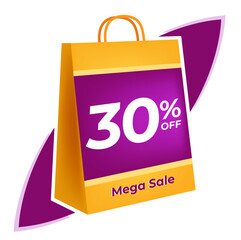 30 percent off. 3D Yellow shopping bag concept in white background.