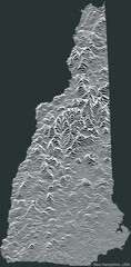 Topographic negative relief map of the Federal State of New Hampshire, USA with white contour lines on dark gray background