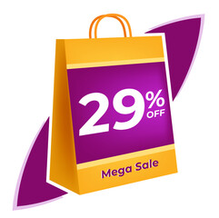 29 percent off. 3D Yellow shopping bag concept in white background.