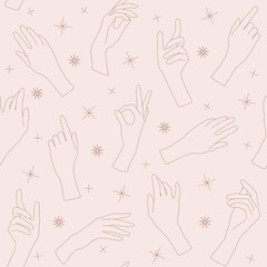 Fototapeta premium Vector seamless pattern with hands and stars in a minimalistic style. Line art background