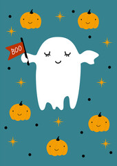 Card for Halloween Kids. Character Ghost flying with Pumpkin, dots, stars on blue background in cute Halloween theme. Vector flat style illustration. Decoration for Party.