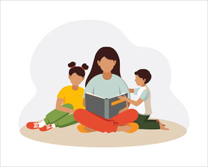  World book day concept. Mothers day concept. Woman, mother reads a book to children. Vector illustration in flat style
