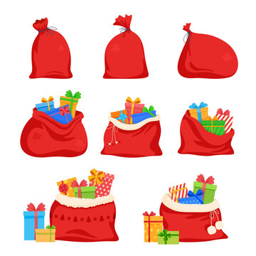 New Year gifts boxes in Santa Claus open and tied red bag set vector festive sack full of presents