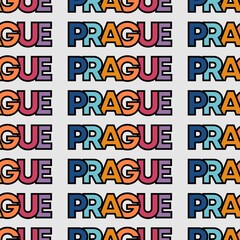 Colourful and modern seamless pattern of text prague on top of light background