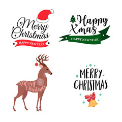Fototapeta na wymiar Set of four Christmas logotype or insignia. Cute cartoon Christmas tree. Vector