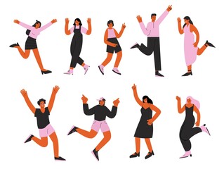 Happy dancing characters. Happiness celebrating, cheerful free young girl. Jumper hipster, freedom people. Friends celebrate, fun jump current vector set