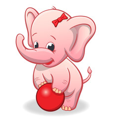 infant baby pink elephant playing with red ball