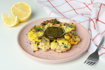 Concept of tasty food with baked cauliflower on white background