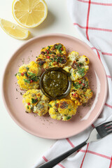 Concept of tasty food with baked cauliflower on white background