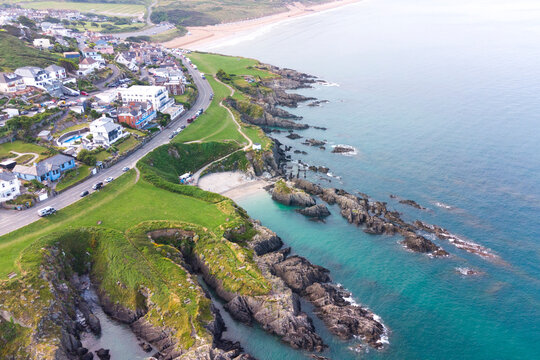 Aerial view of Barricane Beach and the coast - Woolacombe, Devon, England	