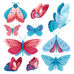 Butterflies collection. Butterfly flying, isolated multicolor and blue insect. Vintage moth, artistic decorative elements. Nature wild swanky vector animals