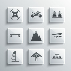 Set Hang glider, Formula 1 racing car, Mountains, Windsurfing, Longboard skateboard, Drone flying and Snowboard icon. Vector