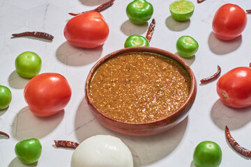Ingredients to make traditional Mexican salsa on the table. Healthy Mexican food concept.