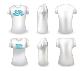 Blank white male and female t shirt realistic template and white t shirt with label. Hello summer badge. Vector