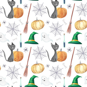 Halloween magic hats and black cats seamless pattern. Spooky Halloween background