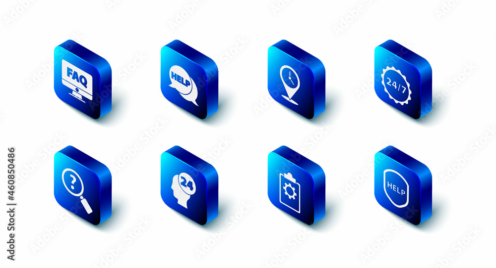 Poster set speech bubble with text help, location clock, clock 24 hours, shield, checklist service, support