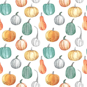 Colourful pumpkins, seasonal autumn seamless pattern. Hand painted watercolor illustration