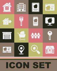 Set House, key, Location with house, Online real estate, Sale, and icon. Vector