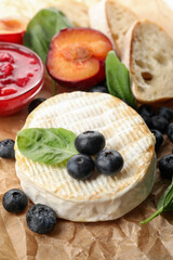 Concept of tasty food with grilled camembert, close up