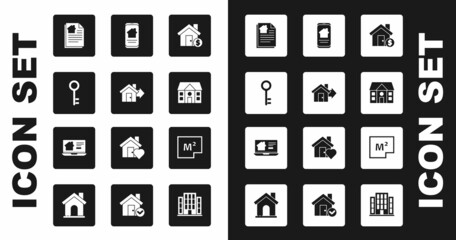 Set House with dollar symbol, Sale house, key, contract, Online real estate, plan and icon. Vector