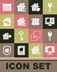 Set Location with house, House key, Online real estate, heart shape, wrong mark, percant discount, Garage and Heating radiator icon. Vector