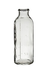 Empty glass medical bottle with a scale for carrying out procedures and storing medicines. Isolated on a white background, close-up.