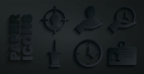 Set Clock, Push pin, Identification badge, Hand for search people and Head hunting concept icon. Vector
