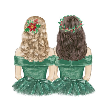 Two girls best friends ready for Christmas, hand drawn illustration