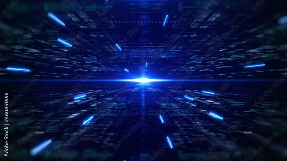 Poster Futuristic 3D Space Scifi  Virtual Reality Hologram Rendering Big Data Transfer Concept. 4K Graphic Line Connection Structure Technology Fly Through Background.