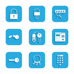 Set House with key, Bunch of keys, Password protection, intercom system, Key, Broken, and Lock icon. Vector
