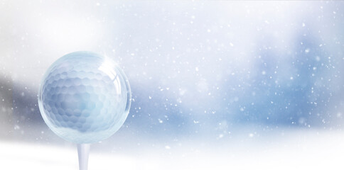Fototapeta na wymiar Gläserne Weihnachtskugel mit Golfball vor unscharfem Blauem Hintergrund mit Schneeflocken