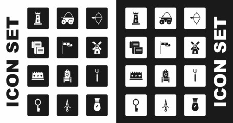 Set Medieval bow and arrow, flag, Decree, parchment, scroll, Castle tower, Windmill, Wooden four-wheel cart, Garden pitchfork and King crown icon. Vector