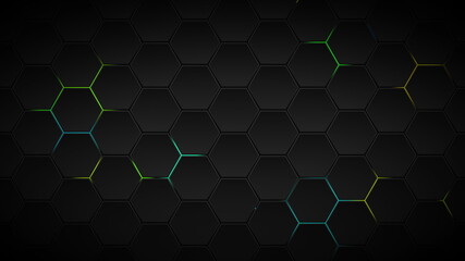 Futuristic Hexagons Surface Loop RGB Multicolor background. Abstract hexagonal surface animation. Neon colors. Seamless loop. - obrazy, fototapety, plakaty