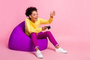 Full body photo of cool millennial brunette lady playstation wear shirt jeans shoes isolated on...