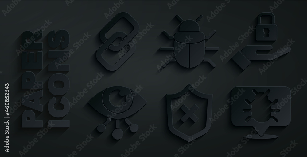 Poster set shield with cross mark, lock in hand, eye scan, system bug, and chain link icon. vector