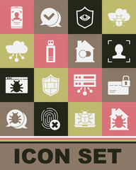 Set House system bug, Credit card with lock, Face recognition, Shield and eye, USB flash drive, Internet of things, Mobile face and Smart home icon. Vector